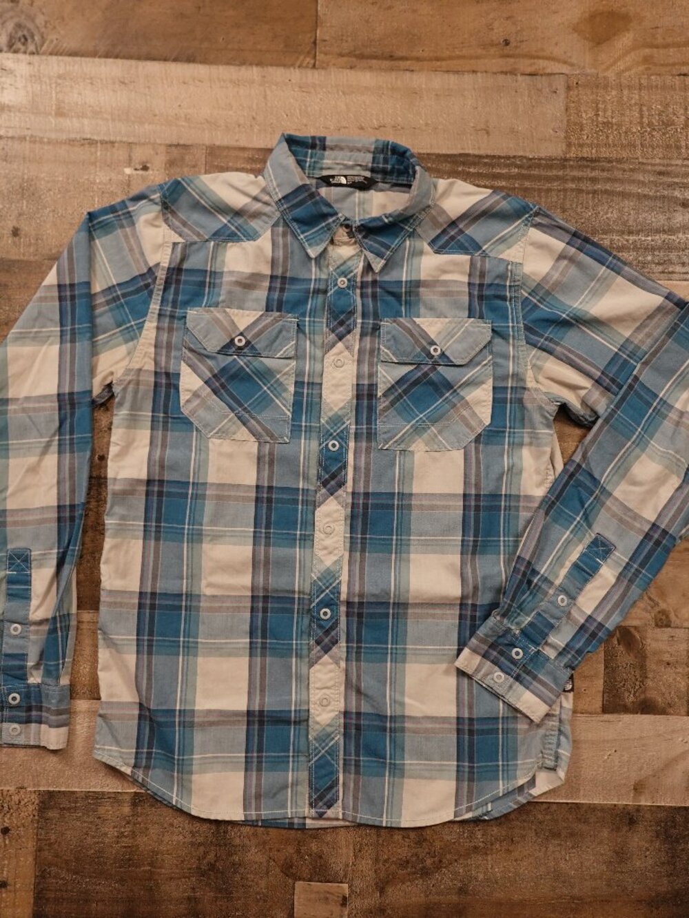 The North Face Plaid Snap Button Up Shirt Men’s Small Blue Outdoor Hiking‎